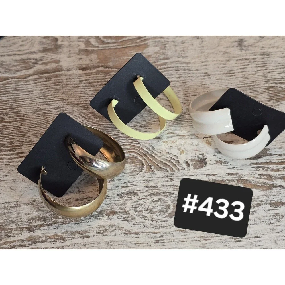 Gold Tone Chunky Hoop Earrings White Acrylic Yellow Matte Hoop Trio Set #433